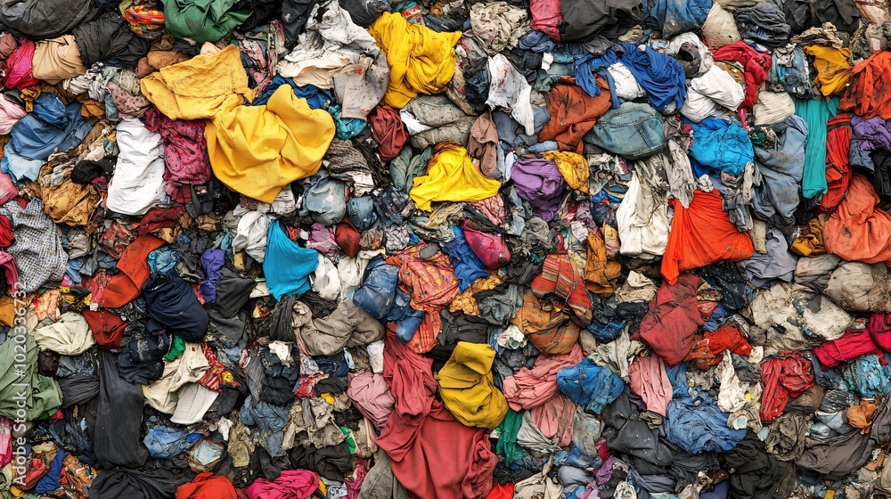 Aerial view of a massive landfill site filled with discarded clothes Stock Photo with side copy space Aerial view of a massive landfill site filled with discarded clothes Stock Photo with side copy space