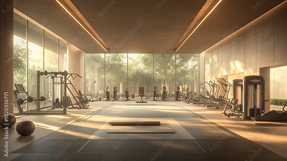 Fototapeta premium Expansive gym interior, balance between sleek exercise machines and large open areas, soft natural light from floor-to-ceiling windows, polished flooring, minimalist layout, neutral color palette,