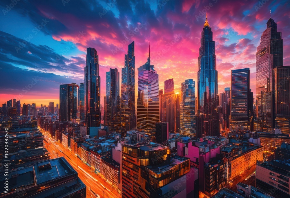 Obraz premium stunning sunrise over vibrant cityscapes showcasing striking architecture colorful skies dynamic urban elements, skyline, buildings, modern, rooftops