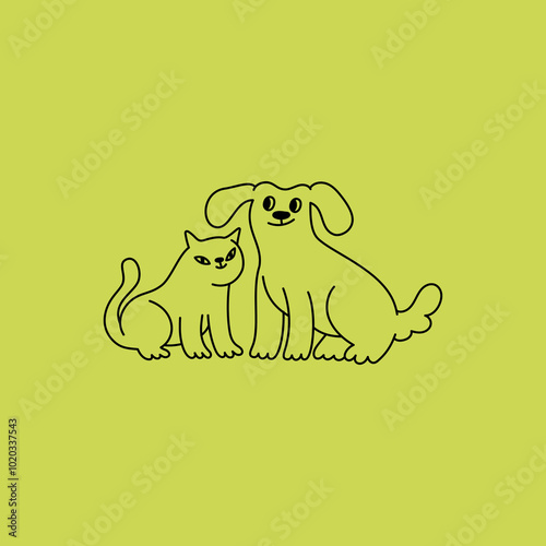 Funny pets, dogs and cats, vector illustration in trendy flat simple linear style, funny mascot and cartoon character, friendly sticker and badge for advertising, social media

