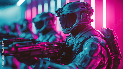 Futuristic soldiers equipped with advanced weapons stand in formation against a vibrant neon backdrop during a simulated training exercise