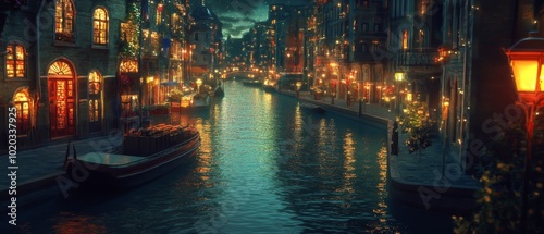 Nighttime City Street with River View