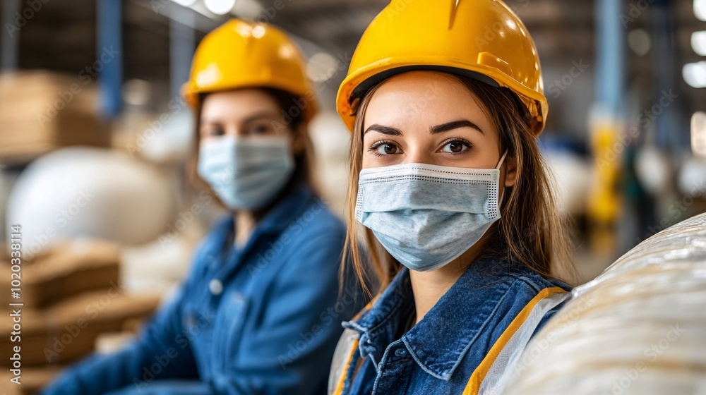 Workers wearing masks sorting through heaps of toxic textiles in a polluted warehouse Stock Photo with side copy space Workers wearing masks sorting through heaps of toxic textiles in a polluted warehouse Stock Photo with side copy space
