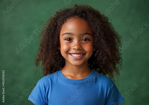 Smiling young girl with curly hair wearing a blue shirt against a green background Generative AI