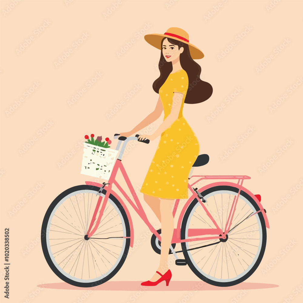 Girl With Bicycle With Flowers Flat Character Illustration Girl With Bicycle With Flowers Flat Character Illustration