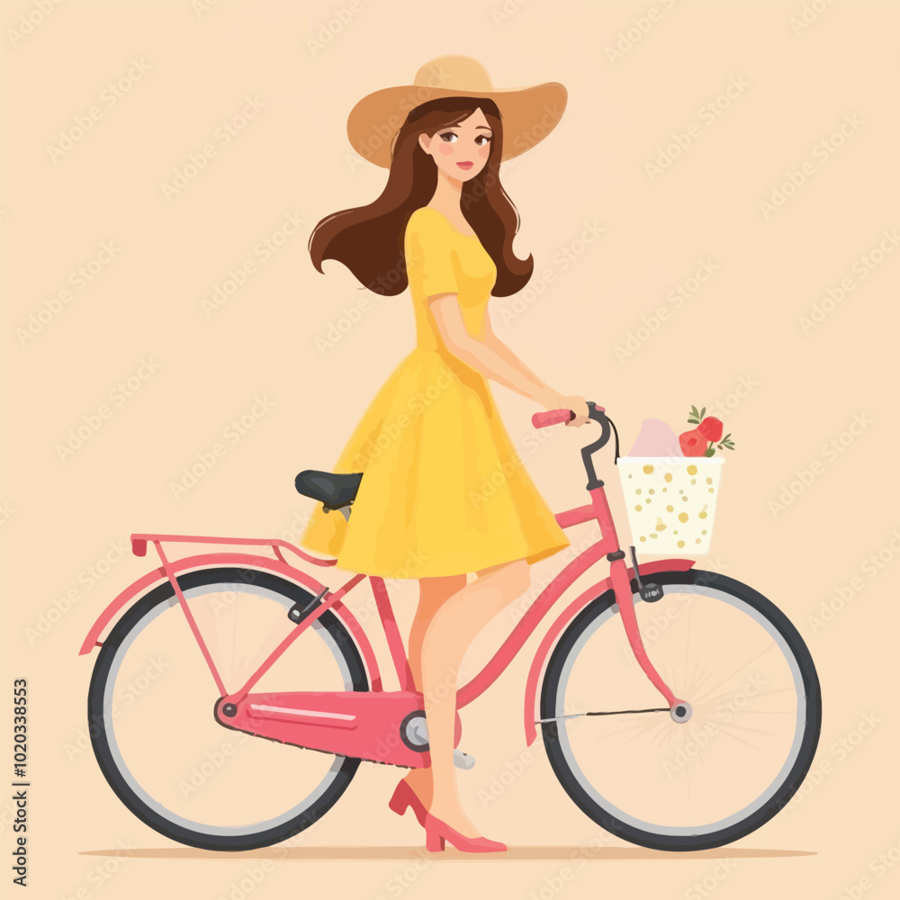 Girl With Bicycle With Flowers Flat Character Illustration Girl With Bicycle With Flowers Flat Character Illustration