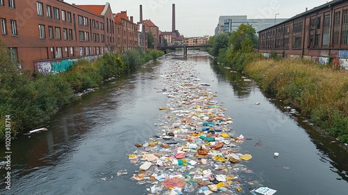 Fashion garments floating in a contaminated river with a factory in the background Stock Photo with side copy space