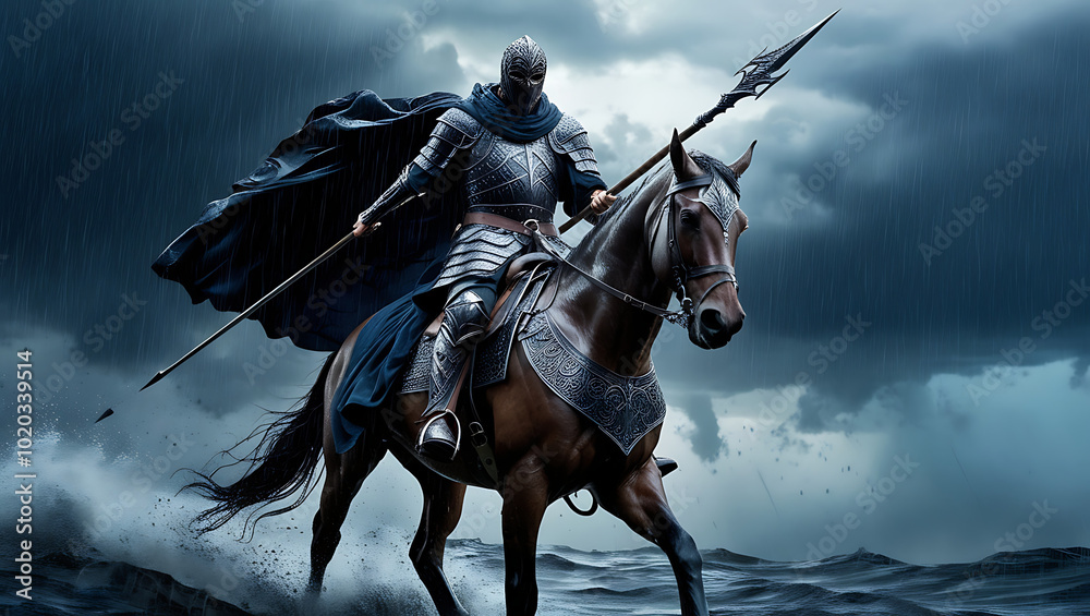 Naklejka premium A hooded knight in dark armor rides a black horse through stormy waters, holding a menacing spear.