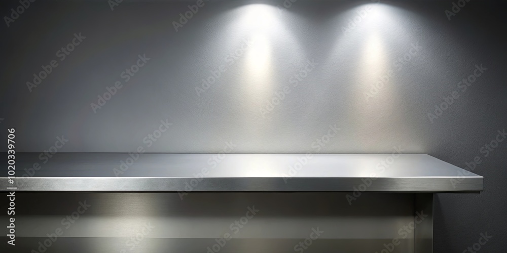 A stainless steel countertop with a brushed finish sits against a minimalist gray wall illuminated by two spotlights. A stainless steel countertop with a brushed finish sits against a minimalist gray wall illuminated by two spotlights.
