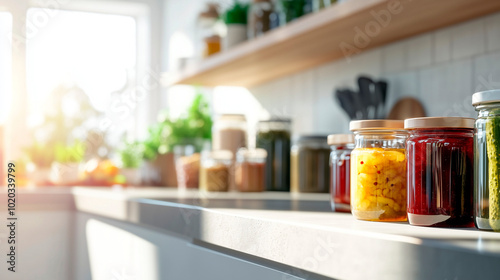 Sunlit Modern Kitchen Shelf with Assorted Homemade Preserves in Glass Jars - Healthy Canned Fruit and Vegetable Produce Storage Concept