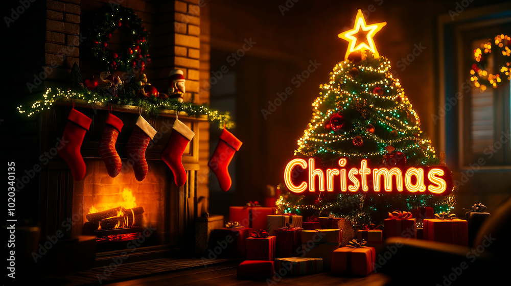 Cozy Christmas Eve Scene with Decorated Tree, Fireplace, and Gifts in ...