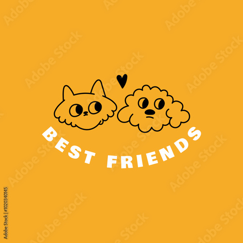 Funny pets, dogs and cats, vector illustration in trendy flat simple linear style, funny mascot and cartoon character, friendly sticker and badge for advertising, social media