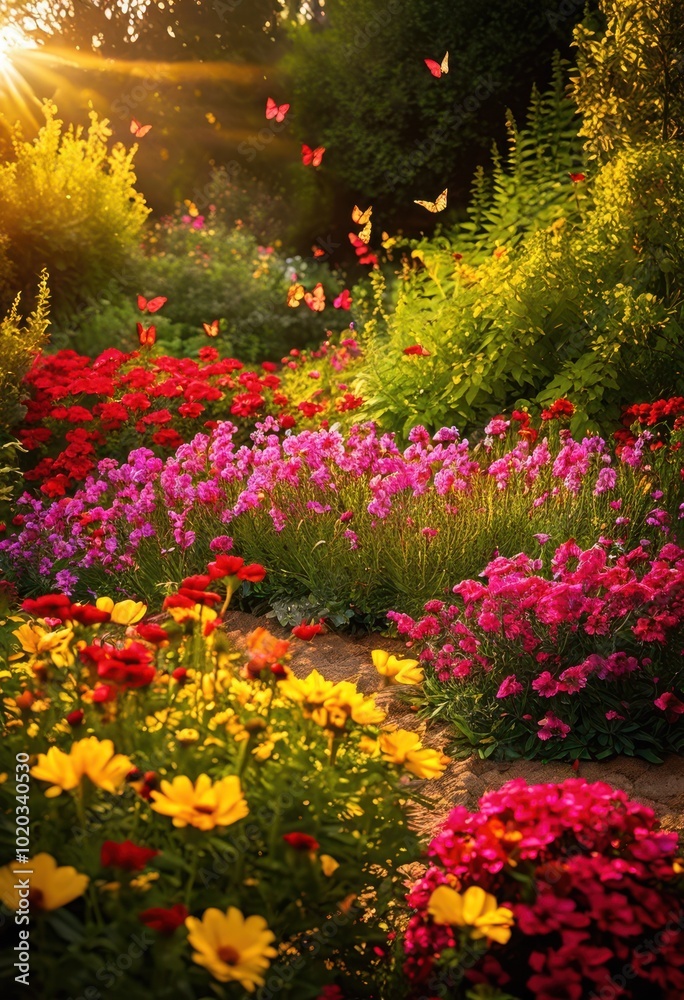 Obraz premium colorful blooming flower beds surrounded lush greenery picturesque landscape showcasing vibrancy beauty, blossoms, flowers, flowerpot, garden, plant, flora