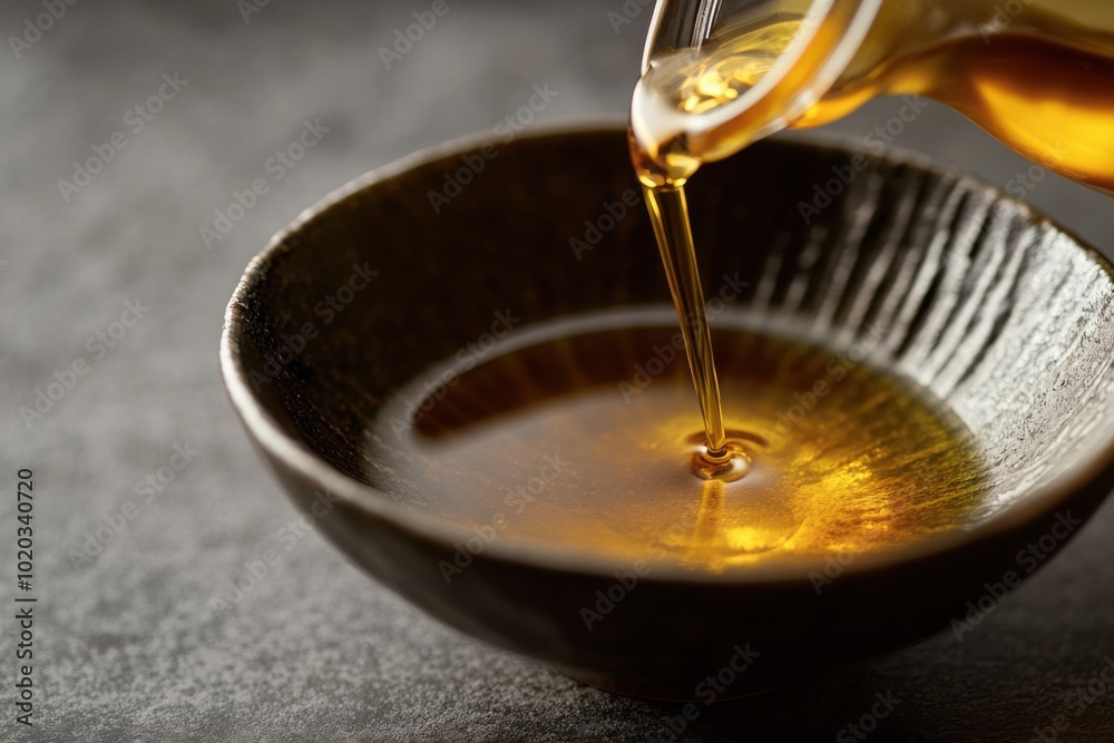 Sesame oil being poured into a black bowl on a textured surface in a home kitchen setting Sesame oil being poured into a black bowl on a textured surface in a home kitchen setting