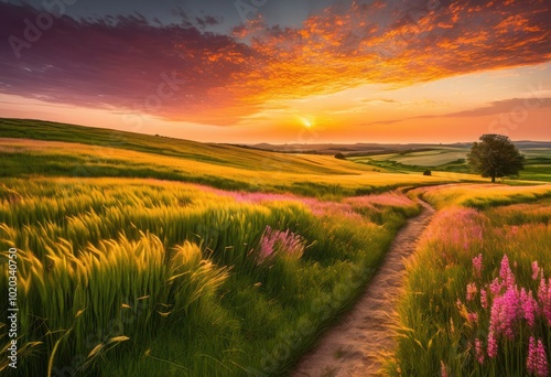stunning vibrant countryside landscape featuring sweeping fields bathed warm glow majestic sunrise, autumn, blossoms, breathtaking, charming, crops photo
