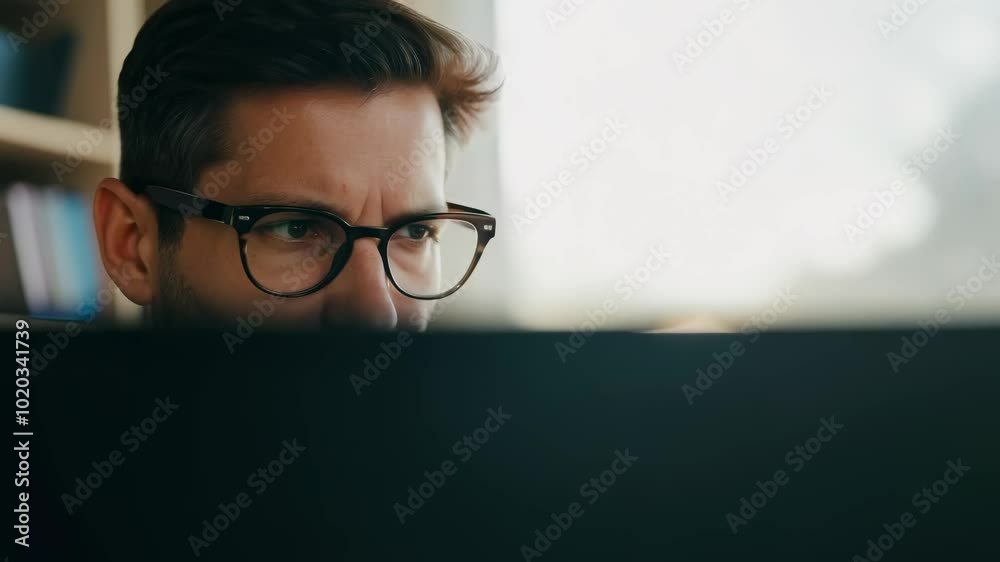 A serious professional is focused on his work at a desk with a computer in a bright office environment A serious professional is focused on his work at a desk with a computer in a bright office environment