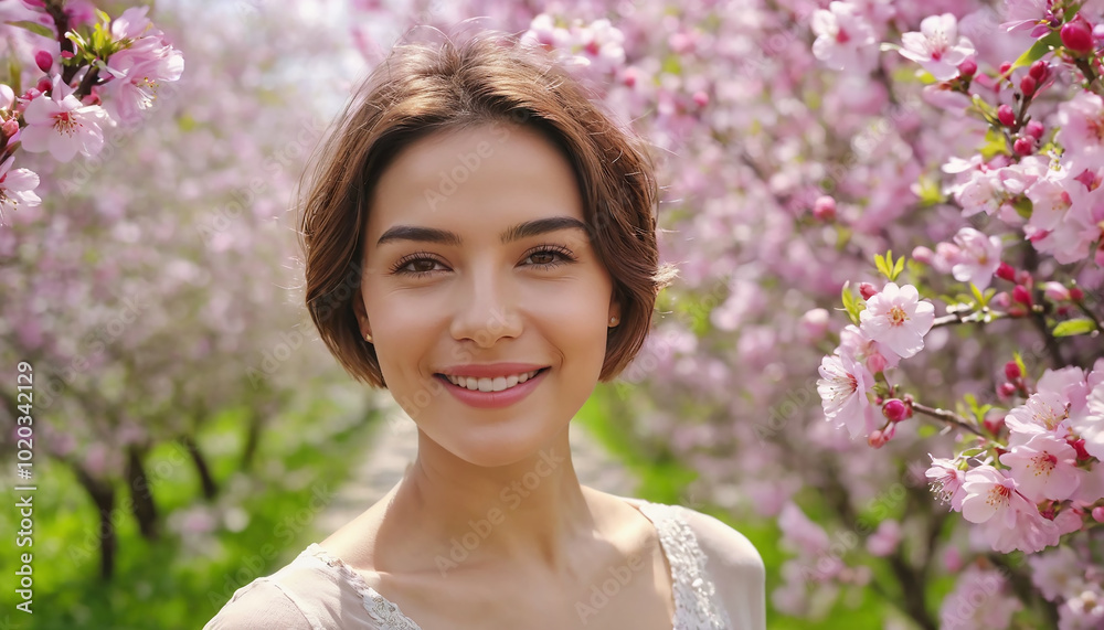 Portrait of a smiling woman, brunette short hair, surrounded by cherry blossom. Portrait of a smiling woman, brunette short hair, surrounded by cherry blossom.