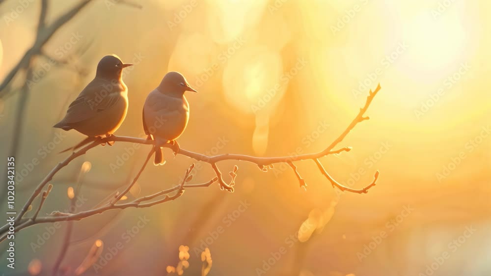Two small birds perched on a bare branch against a warm, glowing sunset background.