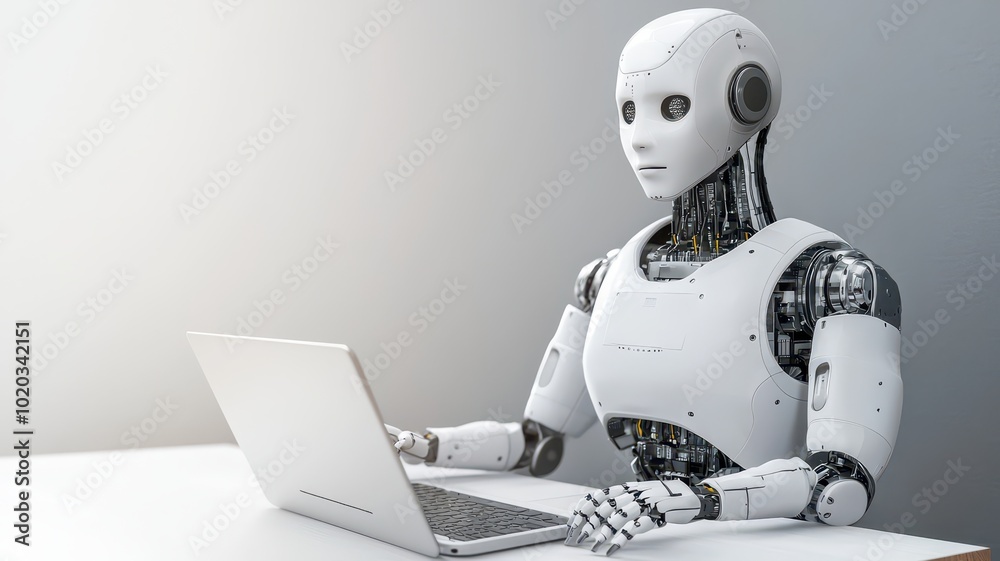 An office environment showcases robotic assistants and digital interfaces An office environment showcases robotic assistants and digital interfaces