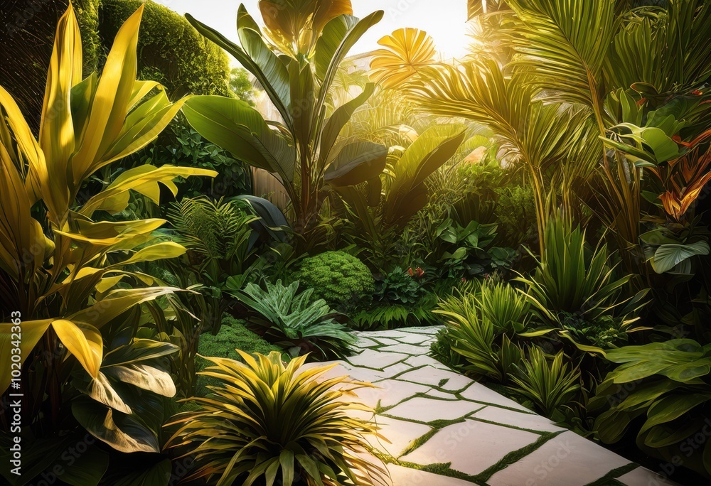 Fototapeta premium lush vibrant plant textures creating inviting atmosphere modern backyard oasis unique foliage, garden, landscaping, greenery, plants, flowers, tropical
