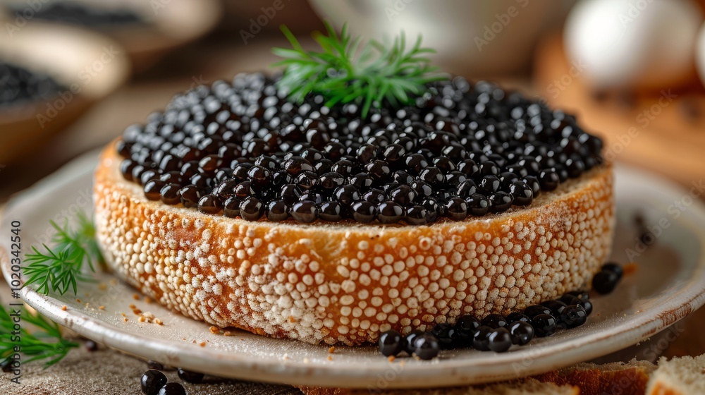 A white plate holds sandwiches topped with black caviar and garnished with greenery, presenting an elegant delicacy. A white plate holds sandwiches topped with black caviar and garnished with greenery, presenting an elegant delicacy.