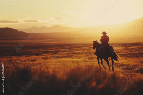 A cowboy on horseback traverses the golden plains as the sun sets, creating a stunning backdrop of distant mountains and open sky, highlighting the serenity of the landscape.