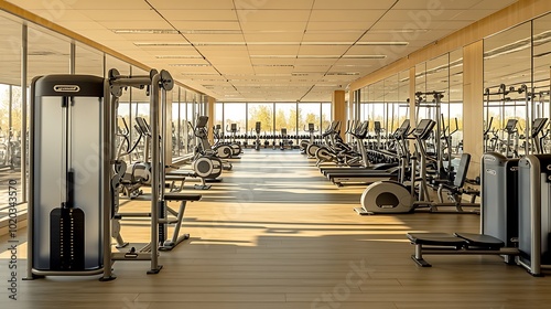 Modern fitness center interior, large mirrors creating reflections of sleek workout machines, wide empty walkways offering open space, soft natural light from floor-to-ceiling windows,