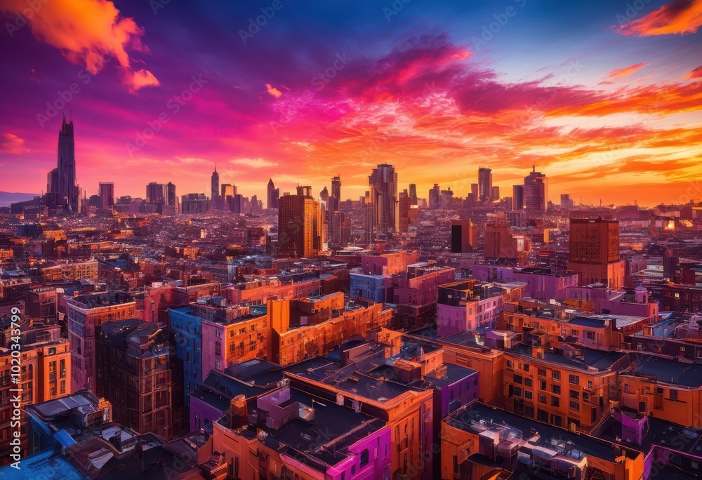 Fototapeta premium stunning city skyline vibrant sunset over rooftops illuminating urban landscape colorful skies unique architectural forms, architecture, buildings, silhouette