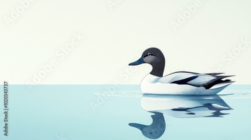 Northern pintail duck a migratory species rests on a serene blue lake observing its reflection during the winter season