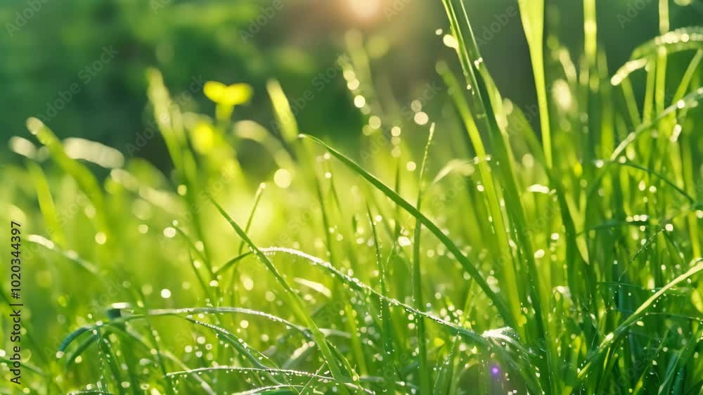 Close-up of dewy grass blades in a field, illuminated by morning sunlight, Blades of grass bending under the weight of morning dew Close-up of dewy grass blades in a field, illuminated by morning sunlight, Blades of grass bending under the weight of morning dew