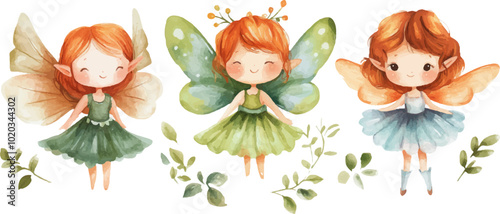 Watercolor cute cartoon fairy white background