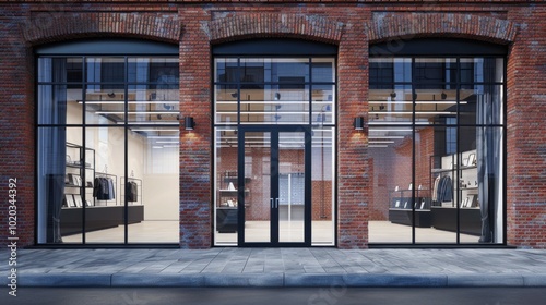 A brick building with a large window and a black door