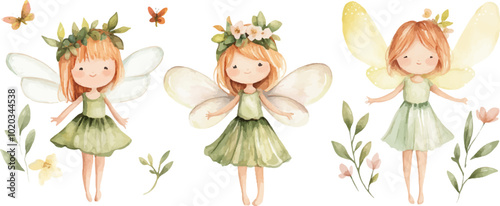 Watercolor cute cartoon fairy white background