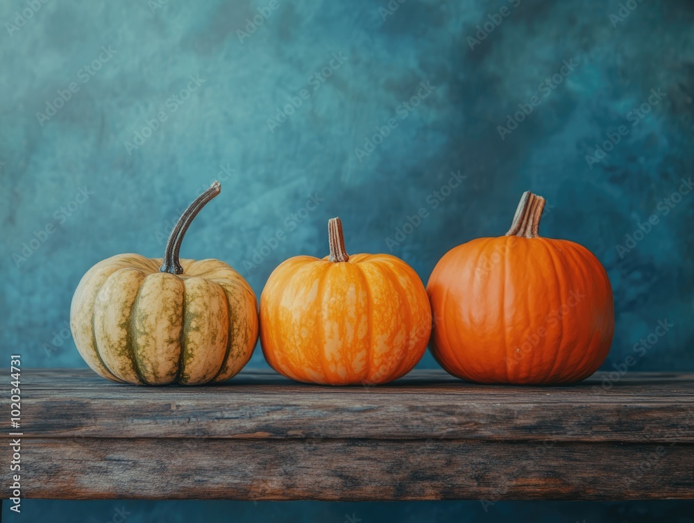 Pumpkins on wooden surface with blue backdrop Pumpkins on wooden surface with blue backdrop