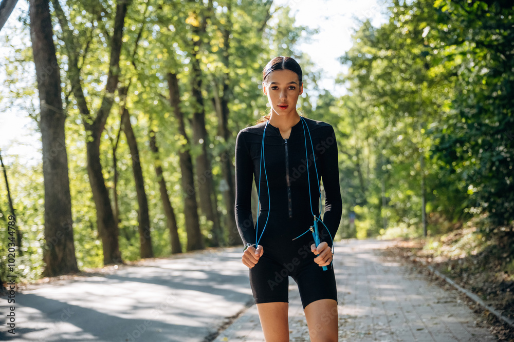 Obraz premium Young sportive skinny woman is in black fitness clothes outdoors