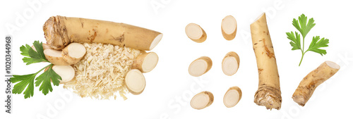 Schilderij op canvas Horseradish root with slices grated pile and parsley isolated on white backgroun