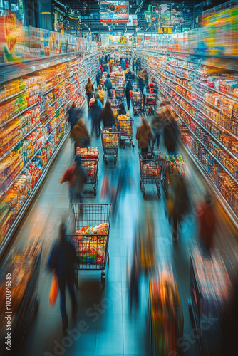 Shoppers fill the supermarket aisles, pushing carts loaded with groceries while selecting items from colorful shelves in a bustling daytime atmosphere.