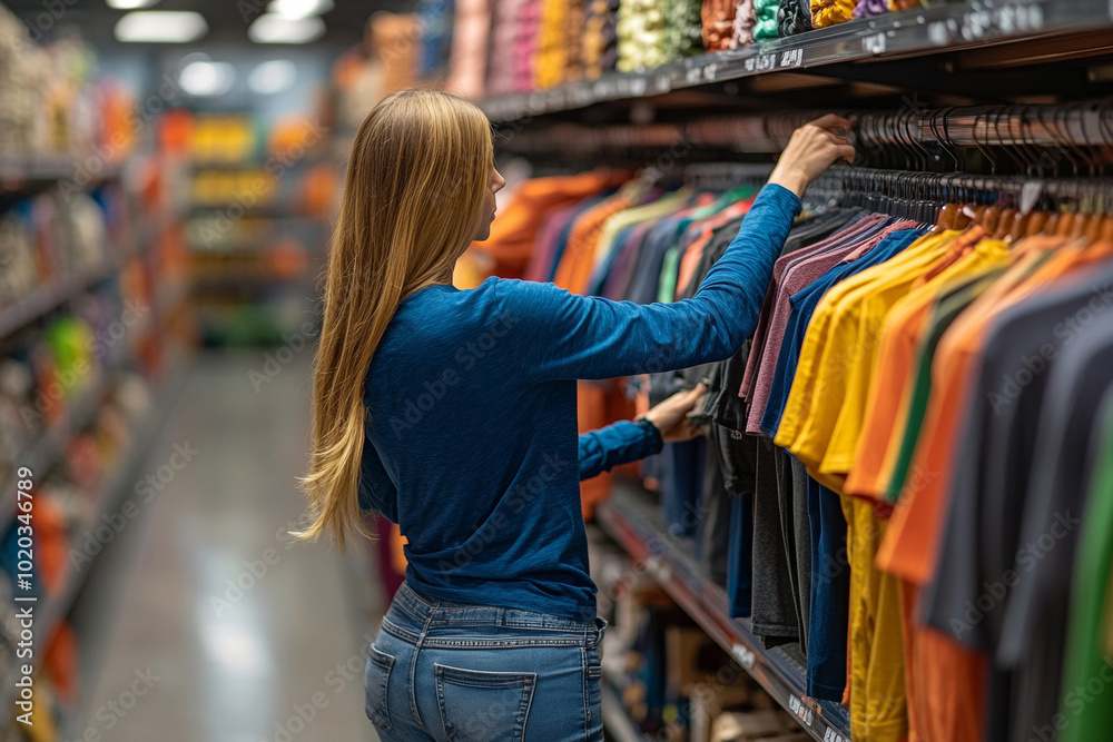 In a store during daytime, a woman with long hair picks up various t-shirts from a shelf, examining them closely while organizing her selection. In a store during daytime, a woman with long hair picks up various t-shirts from a shelf, examining them closely while organizing her selection.