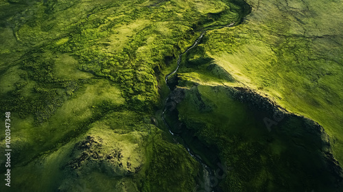 Aerial View of the Green Landscape in Iceland: Aerial view showcasing the lush green landscape of Iceland, highlighting its natural beauty and diverse terrain.