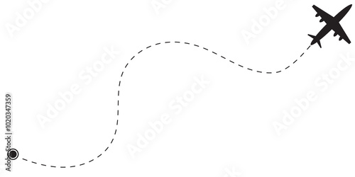 Illustration background. Black and white pattern. Airplane flying and dotted line. Map marker location pin. Isolated on transparent background with png