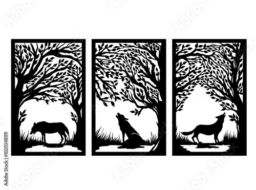 Wolf w Tree scene metal cut panel