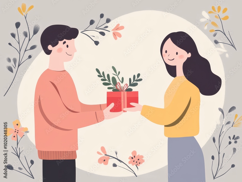 A cheerful illustration of a man giving a gift to a woman, surrounded by flowers, symbolizing love and appreciation. A cheerful illustration of a man giving a gift to a woman, surrounded by flowers, symbolizing love and appreciation.