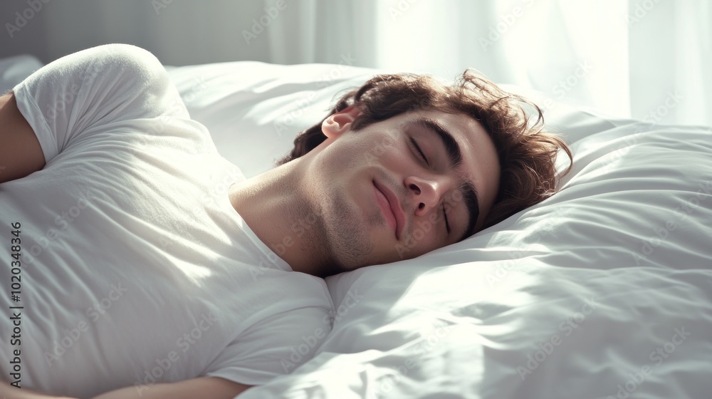 Young man sleeping on a plain white mattress resting conveying a calm and peaceful smile expression as he falls asleep in his most comfortable position. Young man sleeping on a plain white mattress resting conveying a calm and peaceful smile expression as he falls asleep in his most comfortable position.
