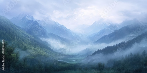 Misty mountains and forest valley.