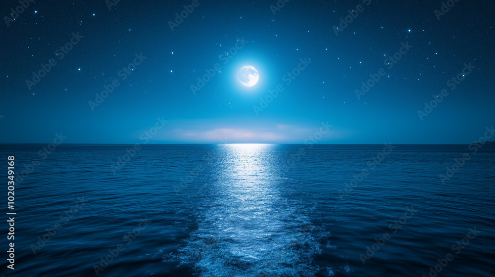 Moonlit Ocean Horizon With Reflections Under Starry Night Sky