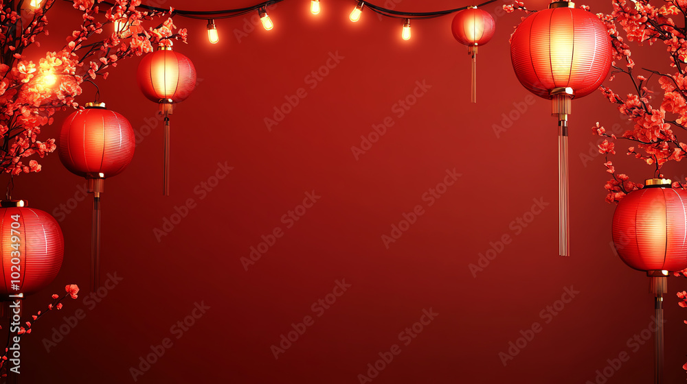 Vibrant red background adorned with decorative lanterns and fairy lights, perfect for festive celebrations and events. Vibrant red background adorned with decorative lanterns and fairy lights, perfect for festive celebrations and events.
