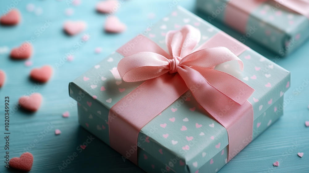 A wrapped gift box with a pink ribbon and hearts scattered around