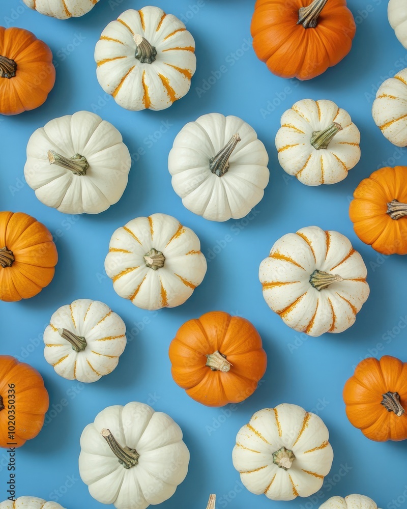 Halloween flat lay template with pumpkins on blue background