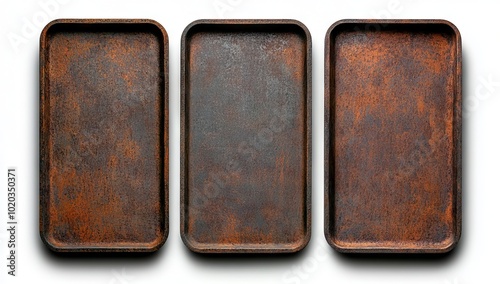 Vintage Rusty Metal Baking Sheets on White Background photo