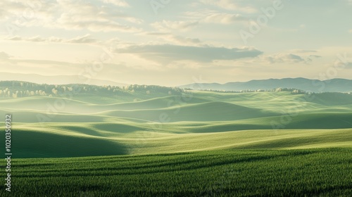 Rolling green hills with distant trees and mountains.